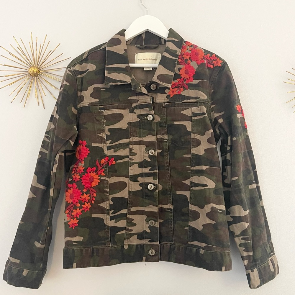 Pilcro and the Letterpress Floral Red Embroidered Army Fatigue Camo Jack…
